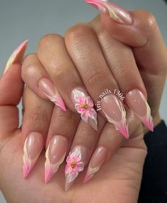 #pinterest #pinterestsuccess #pinterestinspired Almond Nails Designs Jelly, Stiletto Flower Nails, Summer Nails Simple Designs, Creative Summer Nails, Viral Nails 2024, Ombre Nails With Nail Art, Jhene Aiko Nails, Jelly Flower Nails, Tulum Nails