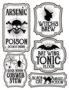 six halloween labels with bats, skulls and other things on them in black and white