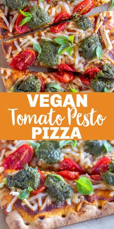 vegan tomato pesto pizza with cheese and spinach