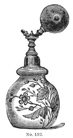 an old fashioned perfume bottle with flowers on the front and side, vintage line drawing or engraving