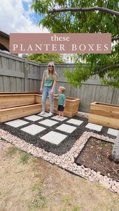 a woman and her child are standing in their backyard garden boxes with the words these planter boxes above them