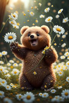 a brown bear standing on its hind legs with daisies in front of him and smiling