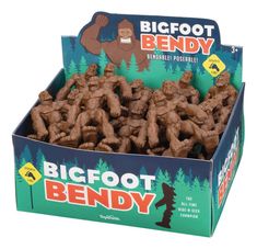 the bigfoot bendy toy is in a box with its contents on it's sides