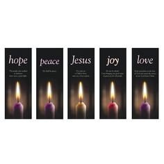 three candles with the words hope, jesus, joy and love