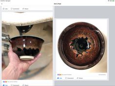 two pictures one with an eyeball and the other has a hand holding a cup