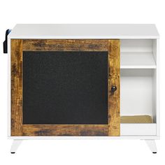 a wooden cabinet with a chalkboard on the front and bottom shelf, against a white background