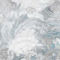 an abstract painting with white and blue flowers