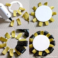 four pictures showing how to make a paper sunburst with ribbon and glue on it