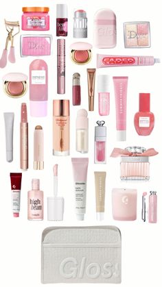 the contents of an assortment of cosmetics and beauty products on a white background with text