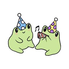 two green frogs wearing party hats with music notes on their ears and one has a birthday hat