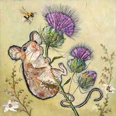 a painting of a mouse and flowers with a bee flying over it's head