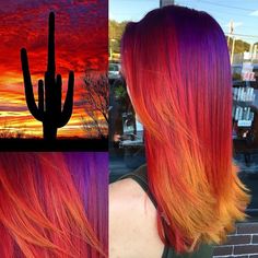 IG: lysseon Vivid Hair Color Orange, Sunset Color Wig, Sunset Orange Arctic Fox Hair, Orange Multicolor Hair, Sunset Hair Color, Red And Orange Vivid Hair, Hair Color Placement, Sunset Hair, Mermaid Hair Color