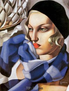 a painting of a woman wearing a blue scarf