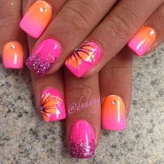 Is there anything more beautiful than flowers or florals patterns? We don't think so! This is why we found 8 Very Pretty Floral Nails To Keep Your Nails Looking Pretty! Beach Nail Art Designs, Orange Nail Art, Beach Nail Art, French Pedicure, Orange Nail, Tropical Nails, Nail Art Designs Summer, Nails And Toes, Cool Nails