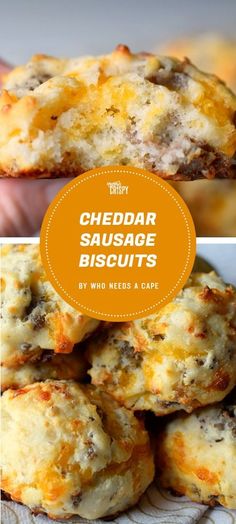 cheddar sausage biscuits are stacked on top of each other