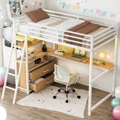 a loft bed with desk underneath it in a room filled with balloons and confetti