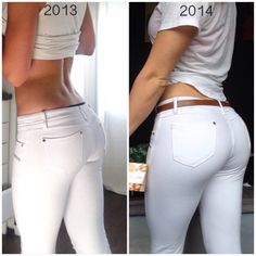 two pictures of the same person in white jeans, one showing their waist and back