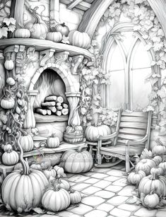 a drawing of a fireplace surrounded by pumpkins