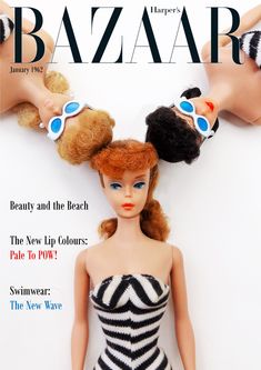 the cover of bazaar magazine features two dolls wearing sunglasses and one is laying on her head