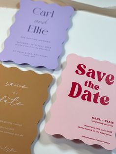 three different colored save the dates cards on a white surface with brown and pink lettering