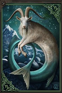 a goat with long horns is sitting on top of a mermaid's tail in the sky