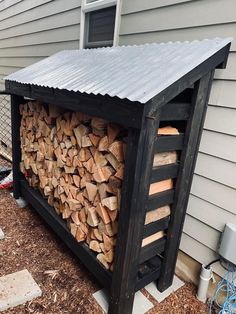 a large pile of wood sitting in front of a house