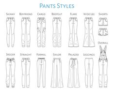 different types of pants for men and women with the names in english, french and spanish