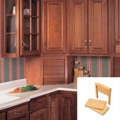 a kitchen with wooden cabinets and white counter tops