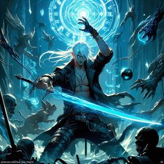 #AIgenerated, #BeautifulMen, #AnimeArt, #Fanart, #WhiteHair,  #BernardGahan, #DarkFantasy, #Wizard, #Swordsman, #Isekai, #RPG Magic Swordsman, Game Poster, Poster Ideas, Character Ideas, White Hair, Fantasy Character Design, Dark Fantasy, Wizard