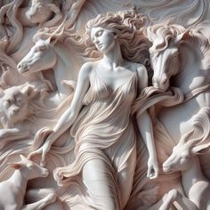 a woman is surrounded by horses and other animals in an intricately carved sculpture style