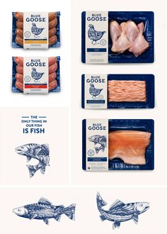 the packaging design for blue goose is shown in four different stages, including salmon and fish