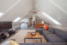 a living room filled with furniture and a flat screen tv on top of a wooden table