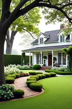 Charming white cottage with lush garden and porch. The undeniable charm of cottage homes brings a rustic fairytale to life with each brick and beam.