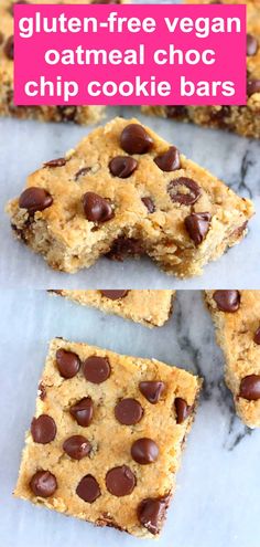 gluten - free vegan oatmeal chocolate chip cookie bars with text overlay