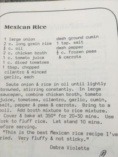 an old mexican rice recipe is shown in black and white, as well as the instructions for how to make it