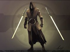 a man with two swords standing in front of a circular background and wearing a hooded outfit