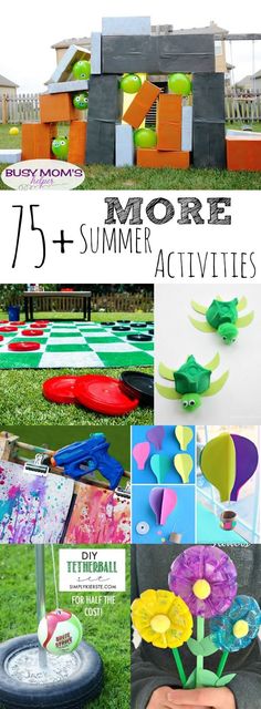 a collage of different activities for kids to do in the yard with text overlay that reads, 75 more summer activities