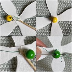 four pictures showing how to make a pinwheel