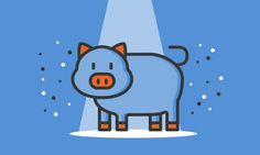 a cartoon pig standing in front of a spotlight on a blue background with snow flakes