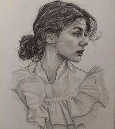 a pencil drawing of a woman's face with her hair blowing in the wind