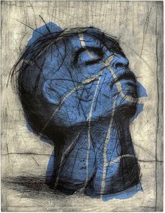 a drawing of a person's head in blue and black with lines coming out of it