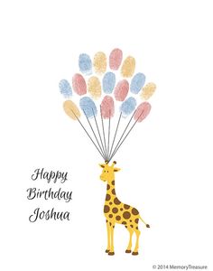 a giraffe is holding balloons with the words happy birthday joshua on it's back