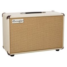 an old style guitar amplifier sitting on top of a white box with the word boogie written on it