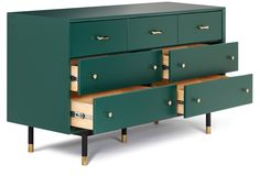 a green cabinet with two drawers and one drawer open to show the bottom part of it