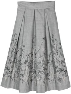 grey wool blend mélange effect metallic threading floral embroidery side zip fastening pleat detailing full lining straight hem mid-length Embroidered Skirts Midi, Elegant Floral Embellished Skirt For Spring, Elegant Floral Skirt For Spring, Elegant Embroidered Skirt, Spring Formal Embellished Skirt, Elegant Gray Skirt For Spring, Spring Evening Skirt With Floral Embroidery, Elegant Floral Embroidered Skirt For Spring, Spring Formal Embroidered Skirt