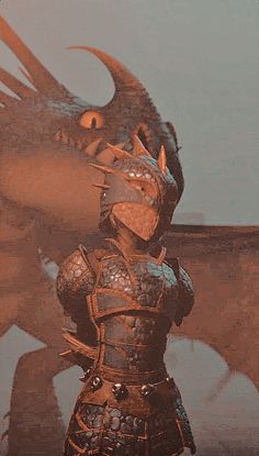 a woman in armor standing next to a dragon