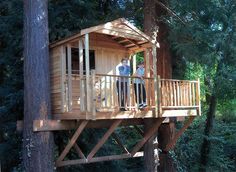 a man standing on top of a wooden tree house