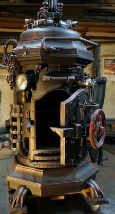 an old fashioned stove sitting inside of a garage