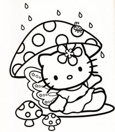 a hello kitty sitting under an umbrella in the rain with mushrooms and mushrooms around her