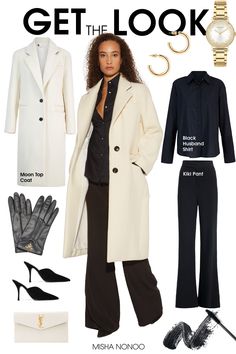 Three Essential Pieces, One High-Powered Look. #WideLegPant #Winter #WinterOutfit #Workwear #WomensWorkwear #WinterWorkwear #Outfits #OutfitIdeas #WinterPhotoshootOutfits #Boss #BossBabe #Fashion #WomensFashion #Coat #TopCoat #Designer #MishaNonoo #WinterWhite #Collage #LookBook #GetTheLook #White #WhiteAndBlack White Wool Coat, Moon Top, Wool Winter Coat, Wool Winter